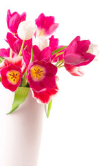 Many tulips with leaves in a vase isolated on transparent background. Photo with fresh spring flowers for any festive design