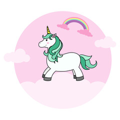 Cute Cartoon Unicorn on Cloud and Rainbow For Print T-shirt or Sticker, Wallpaper Background and Hand Drawing Illustration For Children