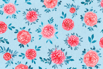 A shabby chic pattern of watercolor roses on a light blue background. Bright and colorful floral illustration for design, stickers, invitations, postcards, banners, wrapping paper - 430503956