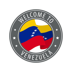 Welcome to Venezuela. Gray stamp with a waving country flag.