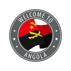 Welcome to Angola. Gray stamp with a waving country flag. Collection of welcome icons.