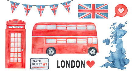 Big collection of Great Britain and London city symbol. Hand painted watercolour drawing, cutout elements for creative design, greeting card, poster, banner, print, pattern, British themed invitation. - 430505318