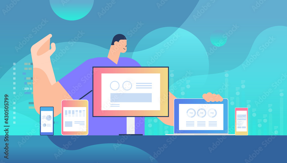 Poster businessman monitoring information on different devices adaptive responsive web design application d