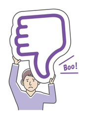 Young man holding cardboard plate ( thumb down ) illustration.