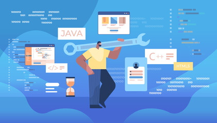 man programmer holding wrench developer optimizes software engineering coding programming testing code © mast3r