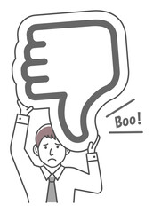 Young businessman holding cardboard plate ( thumb down ) illustration.