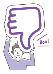 Young man holding cardboard plate ( thumb down ) illustration.
