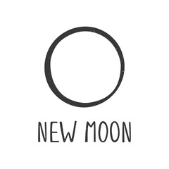 New moon minimalistic caption icon. Astrological or astronomical symbol isolated on white background. Vector shabby hand drawn illustration