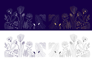 Set of Outline Floral doodle design elements isolated on white background