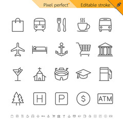 Map and location thin icons. Pixel perfect. Editable stroke.