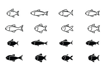 Fish line and glyph icon set. Simple outline and solid style. Sign symbol collection. Art, life, sea, pisces concept for template design. Vector illustration isolated on white background. EPS 10.