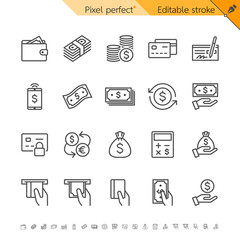 Money thin icons. Pixel perfect. Editable stroke.