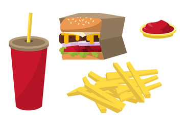 fast food set, cola, burger, fries, ketchup