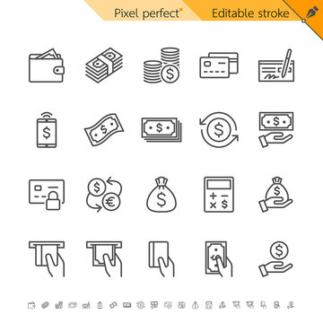 Money thin icons. Pixel perfect. Editable stroke.