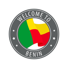 Welcome to Benin. Gray stamp with a waving country flag.