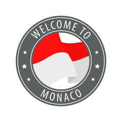 Welcome to Monaco. Gray stamp with a waving country flag.