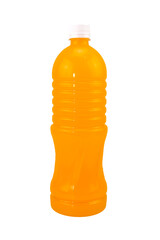 Plastic bottles with fresh orange juice on white background