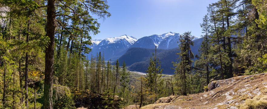 Panoramic View of Canadian Mountain Landscape during a sunny spring day. Taken in Squamish Valley, North of Vancouver, British Columbia, Canada. © edb3_16