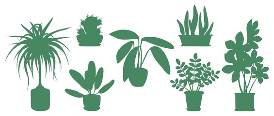 Silhouettes of indoor plants. Potted flowers. Vector set on an isolated background. Hand-drawn drawings can become elements of interior sketches, backgrounds, graphic decor, and stickers.