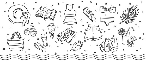 Sea. Vacation. Beach accessories. Vector set on an isolated white background. Contour illustrations. Doodle drawings clothing, bag, sunglasses, swimsuit, cocktail party for sea holidays.