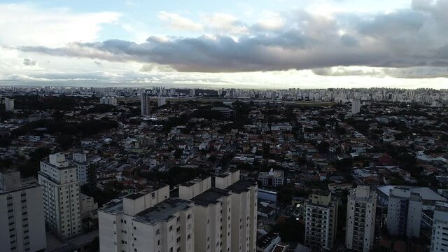 Aerial drone video of the city of Sao Paulo. Congonhas airport in the background