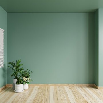 Living room with green walls is empty, decorated with potted plants on the wooden floor.3d rendering.
