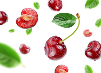 red cherry with water drops flying in the air stream © KM