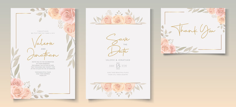 Set Of Beautiful Wedding Invitation Template With Hand Drawn Roses Flower Ornament