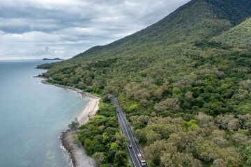 Fototapeta na wymiar Aerial view of the Captain Cook Highway between Cairns and Port Douglas in Queensland Australia on a stormy day