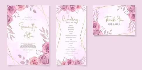 Set of beautiful wedding invitation template with hand drawn roses flower ornament