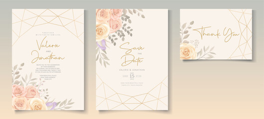 Fototapeta na wymiar Set of beautiful wedding invitation template with hand drawn roses flower ornament