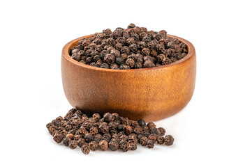 Black pepper in a wooden bowl isolated on white background.