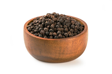 Black pepper in a wooden bowl isolated on white background.