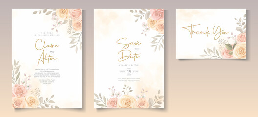 Fototapeta na wymiar Set of beautiful wedding invitation template with hand drawn roses flower ornament