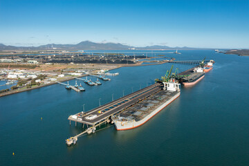 Aerial panoramic view of Gladstone town and industrial port in Queensland Australia - obrazy, fototapety, plakaty