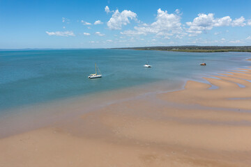 Aerial view of yachts moored at the beach in Hervey Bay, Queensland, Australia