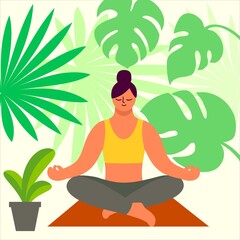 Obraz na płótnie Canvas girl sitting in lotus position and meditating. color vector illustration