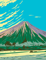 WPA Poster Art of the Mauna Loa in Hawaii Volcanoes National Park, one of five volcanoes that form the Island of Hawaii and largest volcano on Earth done in works project administration style. © Redwater Vectors