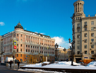 Fototapeta premium Scenic view of architectural ensemble of central street of Moscow Tverskaya street on winter day, Russia