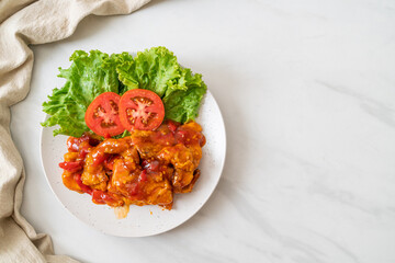 Fried fish topped with 3 flavors chili sauce