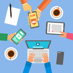 People with electronic devices on business meeting. Hands using laptop computer, smartphone and tablet in flat design.