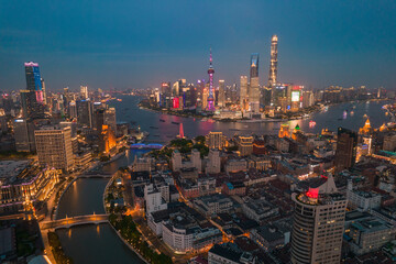 Naklejka premium Aerial view of Lujiazui, the financial district in Shanghai, China, night view.