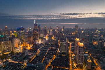 Aerial view of the skyline in Shanghai, China, at sunset.