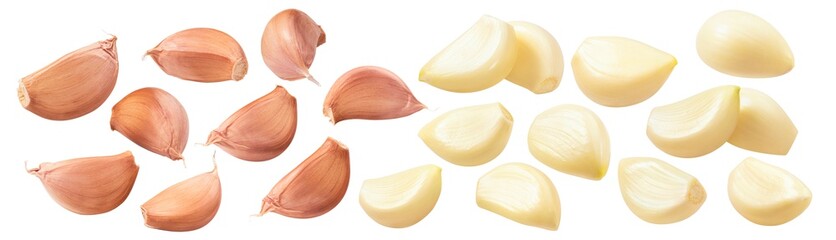 Garlic cloves set isolated on white background. Peeled and unpeeled. Package design elements with clipping path