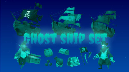 Ghost ship set with pirate, treasure chest and black jolly roger flag. Vector cartoon icons of spirit of dead captain, broken sail boats, cannon, sword and spyglass isolated on blue background