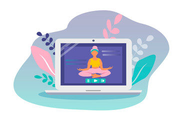 vector illustration - a laptop on the screen of which the girl is meditation, engaged in yoga. online yoga, sports on the Internet. trending flat illustration for websites, magazines, applications
