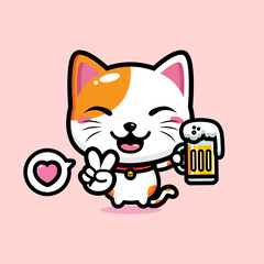 cartoon cute fortune cat vector design is holding a drink a glass of beer
