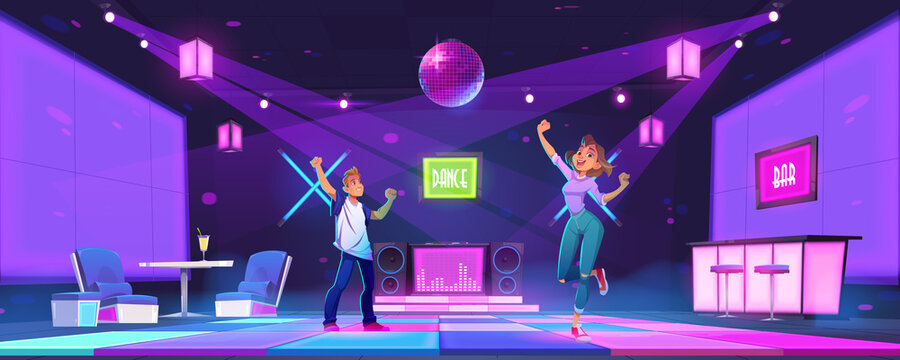 Young people dance at night club disco party, man and woman dancing, moving with raised hands. Teenagers nightlife activity in bar with glowing floor and neon illumination, Cartoon vector illustration