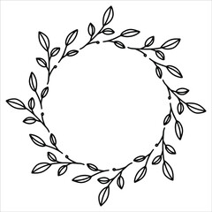 Vector hand drawn spring wreath isolated on white background. Outline circle of leaves. Doodle style. Floral frame.