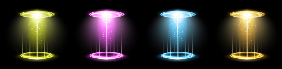 Color hologram portals set. Magic fantasy portal. Magic circle teleport podium with hologram effect. Vector colorful glow rays with sparks on black background. © Elena